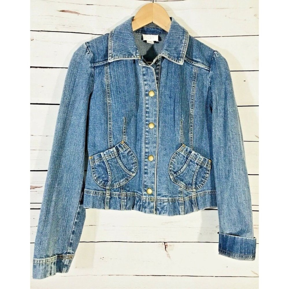Ann Taylor Loft Jean Jacket Womens Sz 2 Cropped Denim Blue Coat Button Front